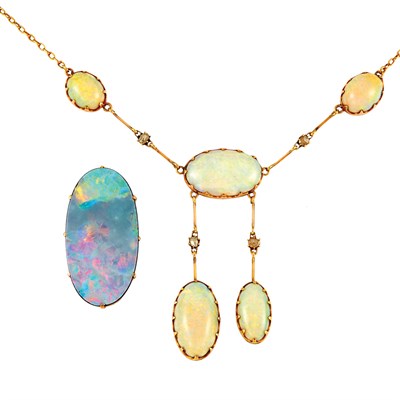 Lot 78 - Opal and Diamond Necklace and Gold and Opal Pin