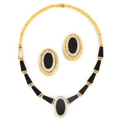 Lot 57 - Black Onyx and Diamond Necklace and Pair of Earrings