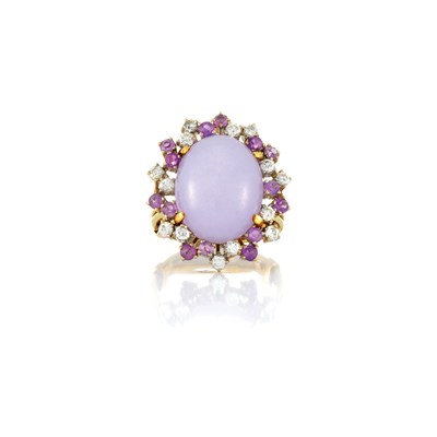 Lot 66 - Gold, Cabochon Lavender Jade, Amethyst and Diamond Ring