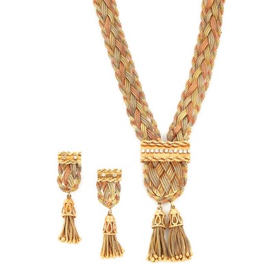 Lot 89 - Tricolor Braided Gold Mesh and Diamond Tassel Necklace and Pair of Earrings