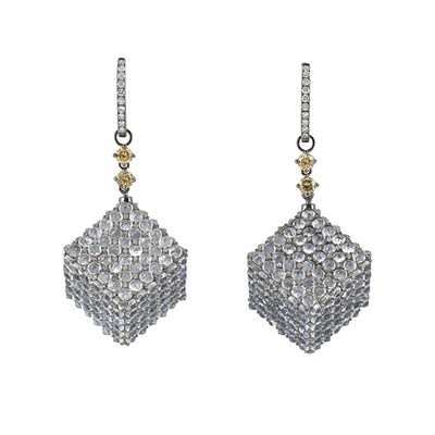 Lot 167 - Pair of Blackened White Gold, Moonstone and Diamond Ice Cube Pendant-Earrings