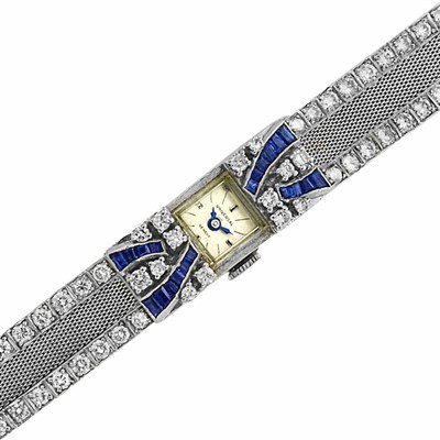Lot 513 - Art Deco Platinum, Diamond and Sapphire Mesh Wristwatch