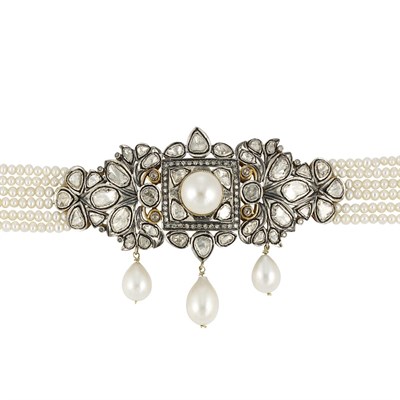 Lot 253 - Indian Six Strand Freshwater Pearl, Silver, Gold and Foiled-Back Diamond Necklace