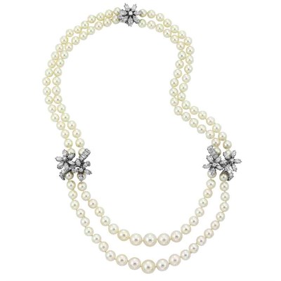 Lot 576 - Double Strand Cultured Pearl, Platinum and Diamond Necklace