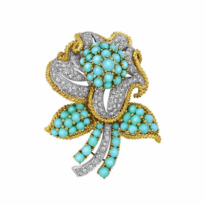 Lot 346 - Gold, Platinum, Turquoise and Diamond Flower Brooch