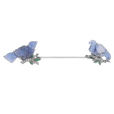 Lot 208 - Art Deco Platinum, White Gold, Carved Sapphire, Diamond and Simulated Emerald Jabot