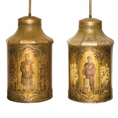 Lot 181 - Pair of Regency Style Tole Tea Canister Lamps...