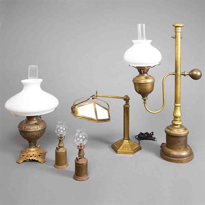 Lot 97 - Group of Five Brass and Glass Oil Lamps Three...