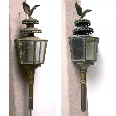 Lot 112 - Pair of Victorian Brass and Glass Lanterns...