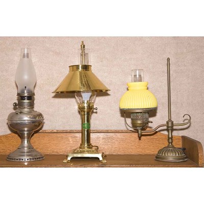 Lot 114 - Group of Three Metal and Glass Oil Lamps...