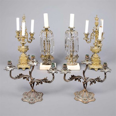 Lot 215 - Two Pairs of Gilt-Metal Three-Light Candelabra...