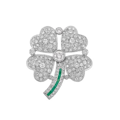 Lot 202 - Platinum, Diamond and Emerald Four Leaf Clover Brooch
