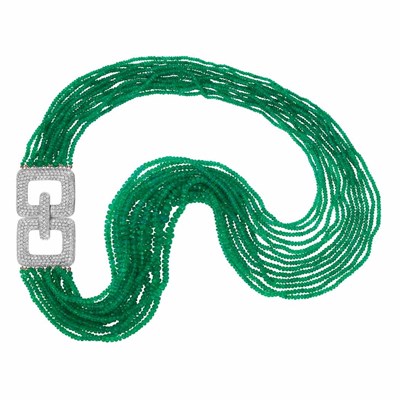 Lot 411 - Multistrand Emerald Bead Necklace with White Gold and Diamond Clasp