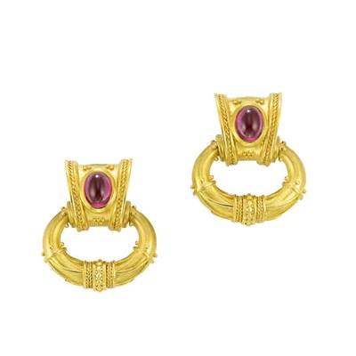 Lot 151 - Pair of Gold and Cabochon Pink Tourmaline Pendant-Earclips, Seiden-Gang
