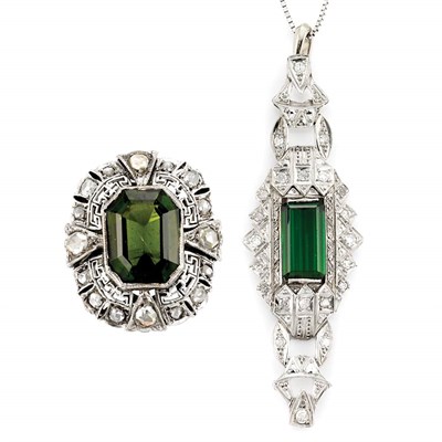 Lot 657 - Green Tourmaline and Diamond Pendant with Chain and Ring