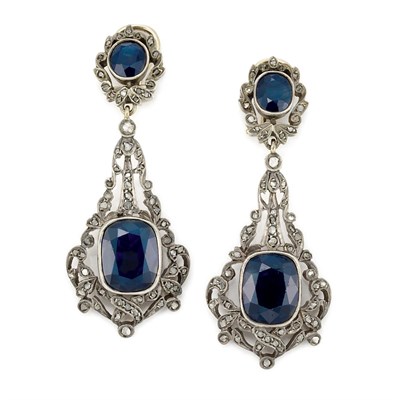 Lot 658 - Pair of Silver, Gold, Sapphire and Diamond Pendant-Earclips
