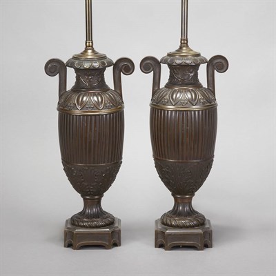 Lot 405 - Pair of Neoclassical Style Bronze Lamps Mid...
