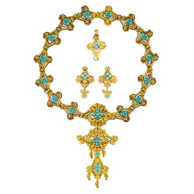 Lot 288 - Antique Gold and Turquoise Pendant-Necklace and Pair of Earrings