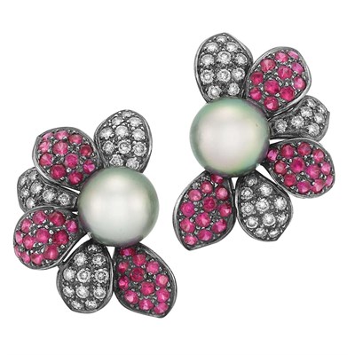 Lot 48 - Pair of Blackened Gold, Gray Cultured Pearl, Diamond and Ruby Flower Earclips