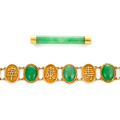 Lot 138 - Gold and Jade Bracelet and Pin