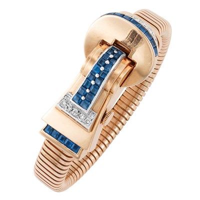 Lot 449 - Rose Gold, Sapphire and Diamond Bracelet-Watch, Tiffany & Co.