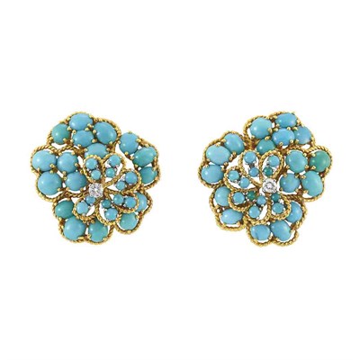 Lot 336 - Pair of Gold, Turquoise and Diamond Flower Earclips, Van Cleef & Arpels