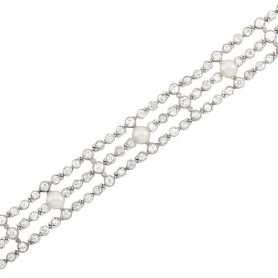 Lot 459 - Triple Strand Platinum, Gold, Diamond and Pearl Bracelet