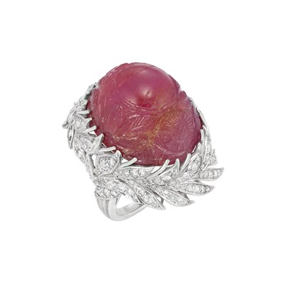 Lot 389 - Platinum, Carved Ruby and Diamond Ring