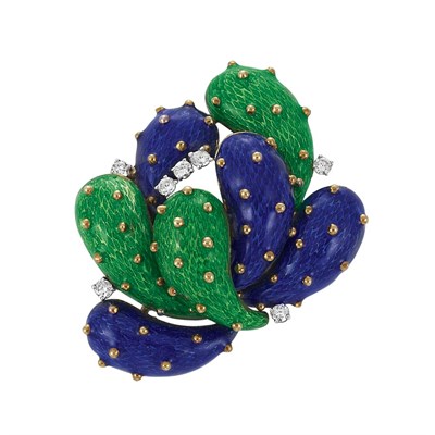 Lot 104 - Gold, Blue and Green Enamel and Diamond Clip-Brooch, Martine