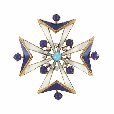 Lot 186 - Gold, Turquoise, Lapis, Diamond and Enamel Maltese Cross Pendant-Brooch