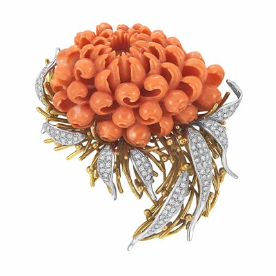 Lot 98 - Two-Color Gold, Carved Coral and Diamond Flower Brooch