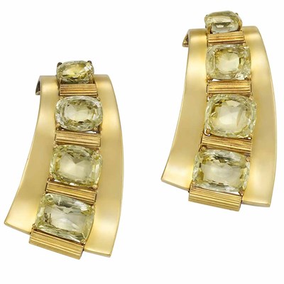 Lot 458 - Pair of Gold and Yellow Sapphire Clips