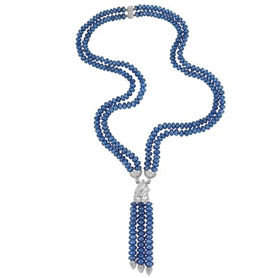 Lot 378 - Double Strand Sapphire Bead, White Gold and Diamond Fringe Necklace, Garrard
