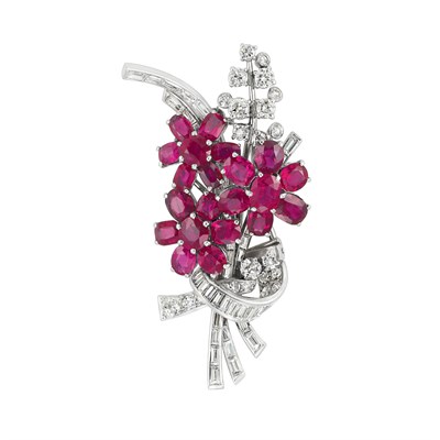 Lot 492 - Platinum, Ruby and Diamond Bouquet Clip-Brooch