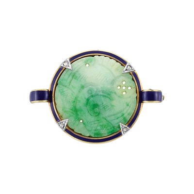 Lot 532 - Carved Jade, Diamond and Blue Enamel Pin, Cartier
