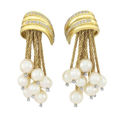 Lot 413 - Pair of Gold, Diamond and Cultured Pearl Fringe Earclips, Demner