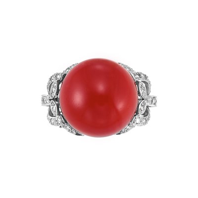 Lot 531 - Oxblood Coral and Diamond Ring
