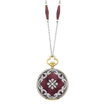 Lot 500 - Edwardian Platinum, Gold, Purple Guilloche Enamel and Diamond Pendant-Watch with Chain