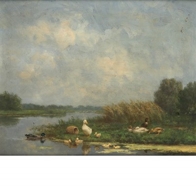 Lot 71 - Constant Artz Dutch, 1870-1951 Ducks by a Lake...