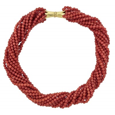 Lot 188 - Twelve Strand Coral Bead Torsade Necklace with Gold Clasp