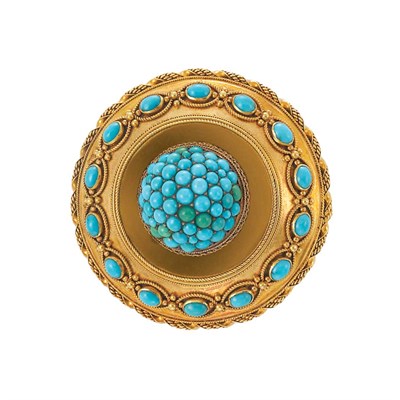 Lot 287 - Etruscan Revival Gold and Turquoise Brooch