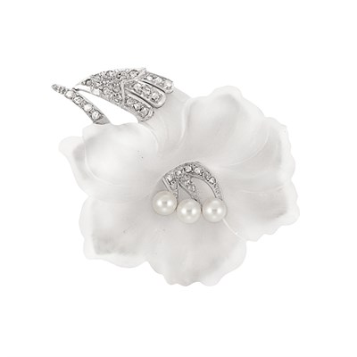 Lot 59 - White Gold, Carved Frosted Rock Crystal, Cultured Pearl and Diamond Flower Clip