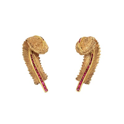 Lot 139 - Pair of Gold and Ruby Leaf Earclips, Tiffany & Co.