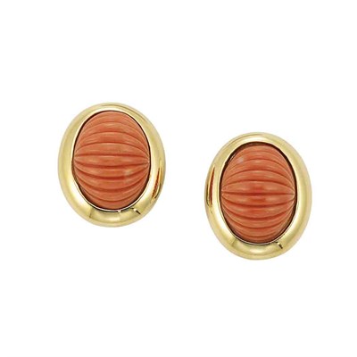 Lot 97 - Pair of Gold and Fluted Coral Earclips