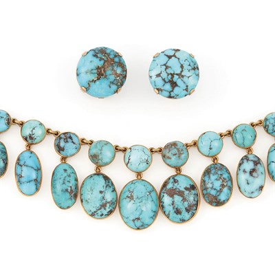 Lot 204 - Gold and Turquoise Fringe Necklace and Pair of Button Earclips