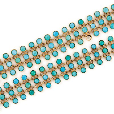 Lot 200 - Pair of Three Row Gold and Turquoise Bracelet/Necklace Combination