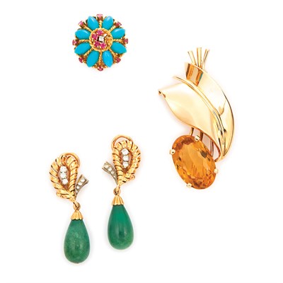 Lot 62 - Citrine Pin, Turquoise and Ruby Ring and Pair of Turquoise Drop Earclips