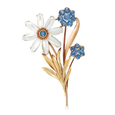 Lot 230 - Two-Color Gold, Moonstone and Sapphire Flower Brooch