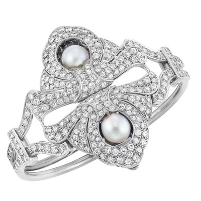 Lot 70 - White Gold, Cultured Pearl and Diamond Double Clip-Bangle Combination