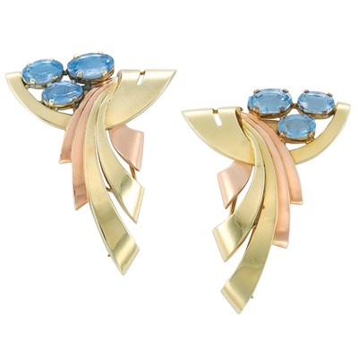 Lot 229 - Pair of Two-Color Gold and Sapphire Clip-Brooches